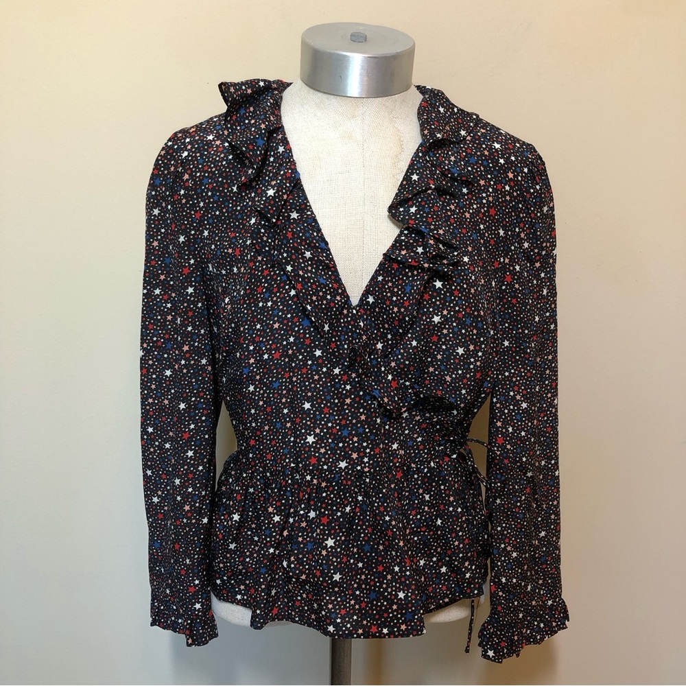 Madewell starry night 100% silk ruffle wrap top blouse holiday America